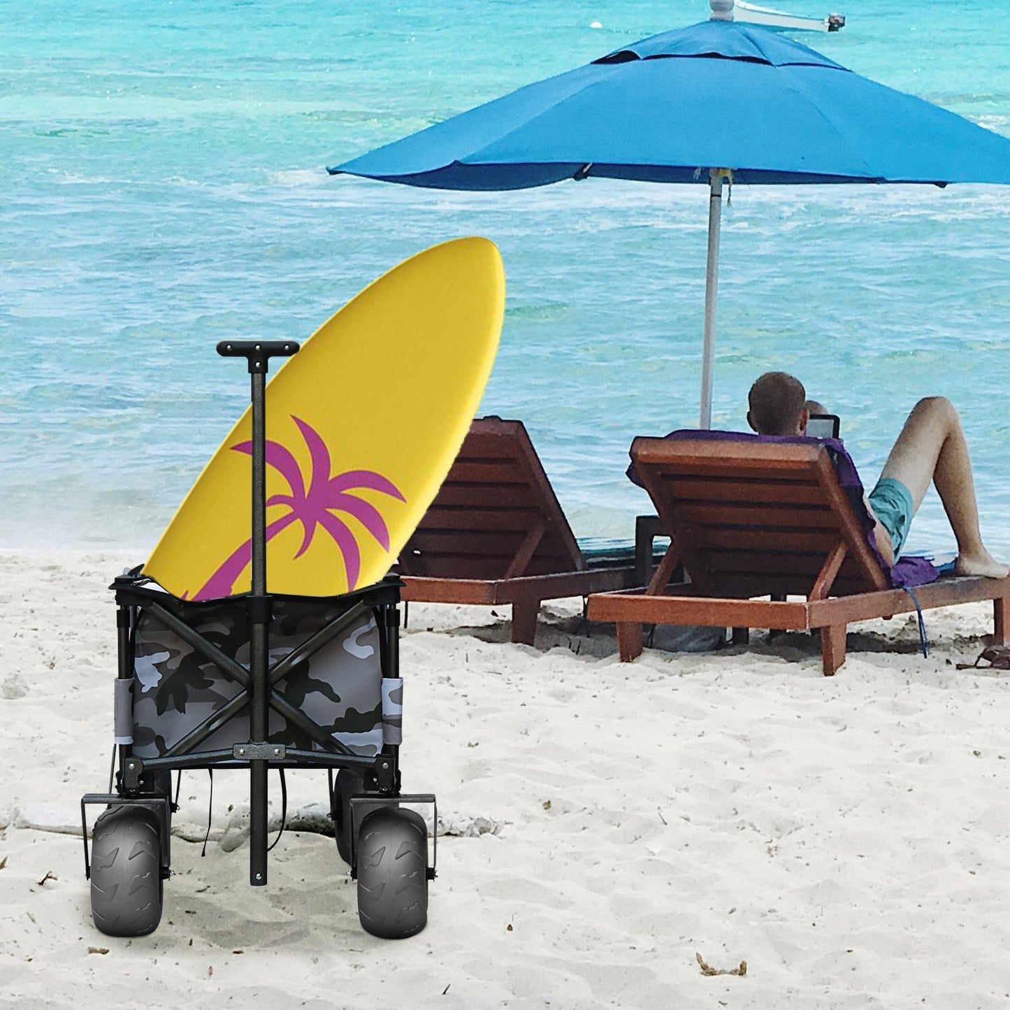 OKEYOLIVE Collapsible Beach Cart w/ Balloon Style Wheels