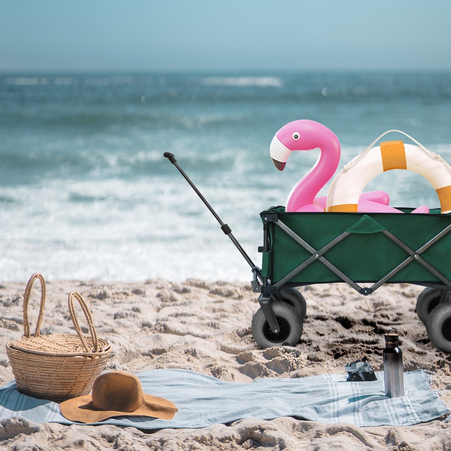 OKEYOLIVE Collapsible Beach Cart w/ Balloon Style Wheels