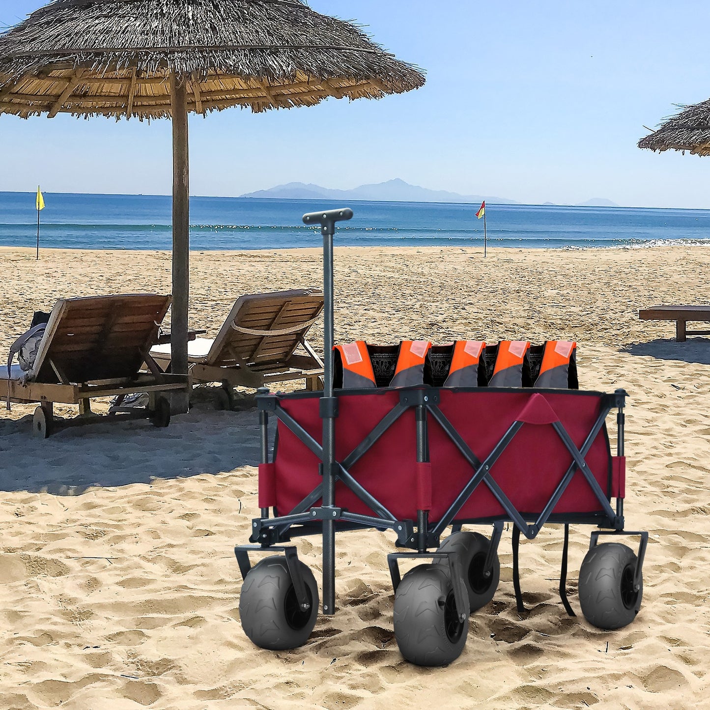 OKEYOLIVE Collapsible Beach Cart w/ Balloon Style Wheels