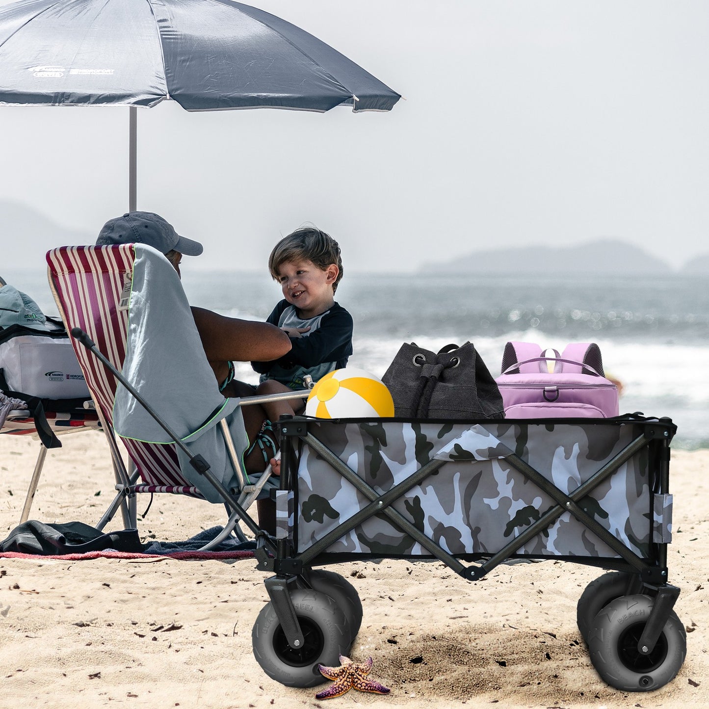 OKEYOLIVE Collapsible Beach Cart w/ Balloon Style Wheels