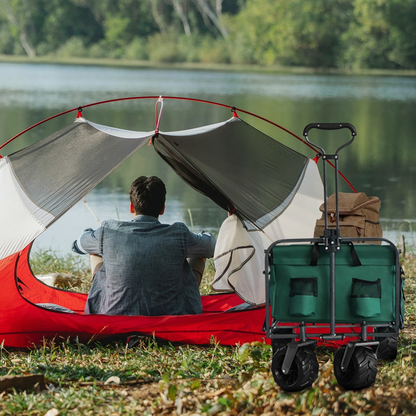 OKEYOLIVE Collapsible Utility Wagon Cart w/ Side Pocket