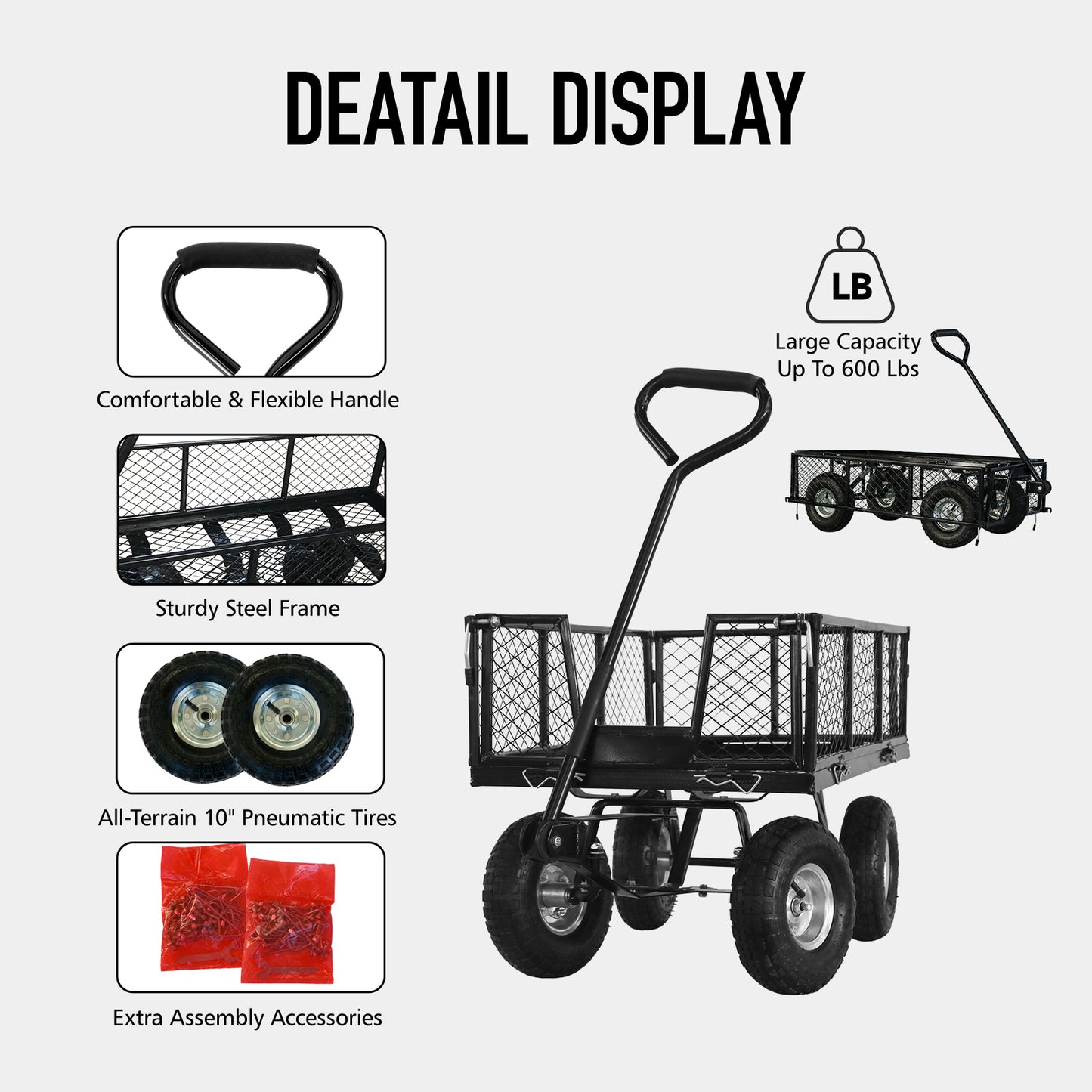 OKEYOLIVE Heavy Duty Garden Wagon Cart w/ Side Mesh, 600 lb